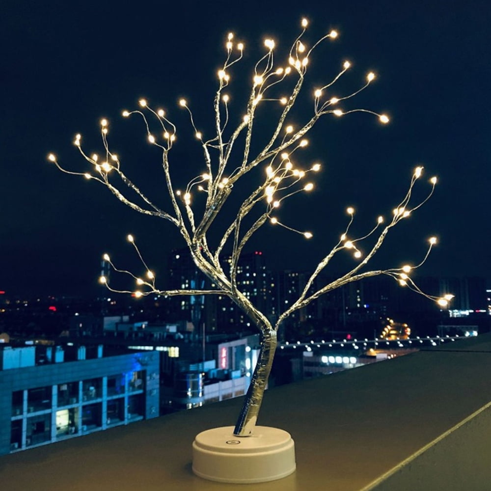 HOTBEST 36/108LED USB Pearl Decorative LED Shimmer Tree Desk Lamp Touch Switch Night Light Tabletop Bonsai DIY Artificial Bedroom Light Christmas Party Indoor