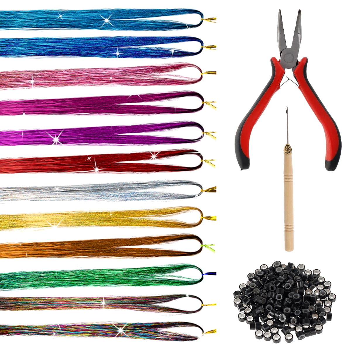 Hair Tinsel,37inch 12 Colors Tinsel Hair Extensions Shiny Hair Tinsel Kit with Plier Pulling Needle,Silicone Buckles Glitter Hair Extensions for Cosplay Party?200Pcs?
