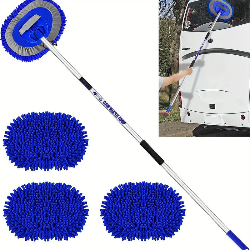Harazaqa 63" Microfiber Car Wash Brush with Long Handle Car Washing Mop Kit Mitt Sponge Car Cleaning Supplies Kit Duster RV Washing Car Brush Accessories 3 Chenille Scratch-Free Replacement Head