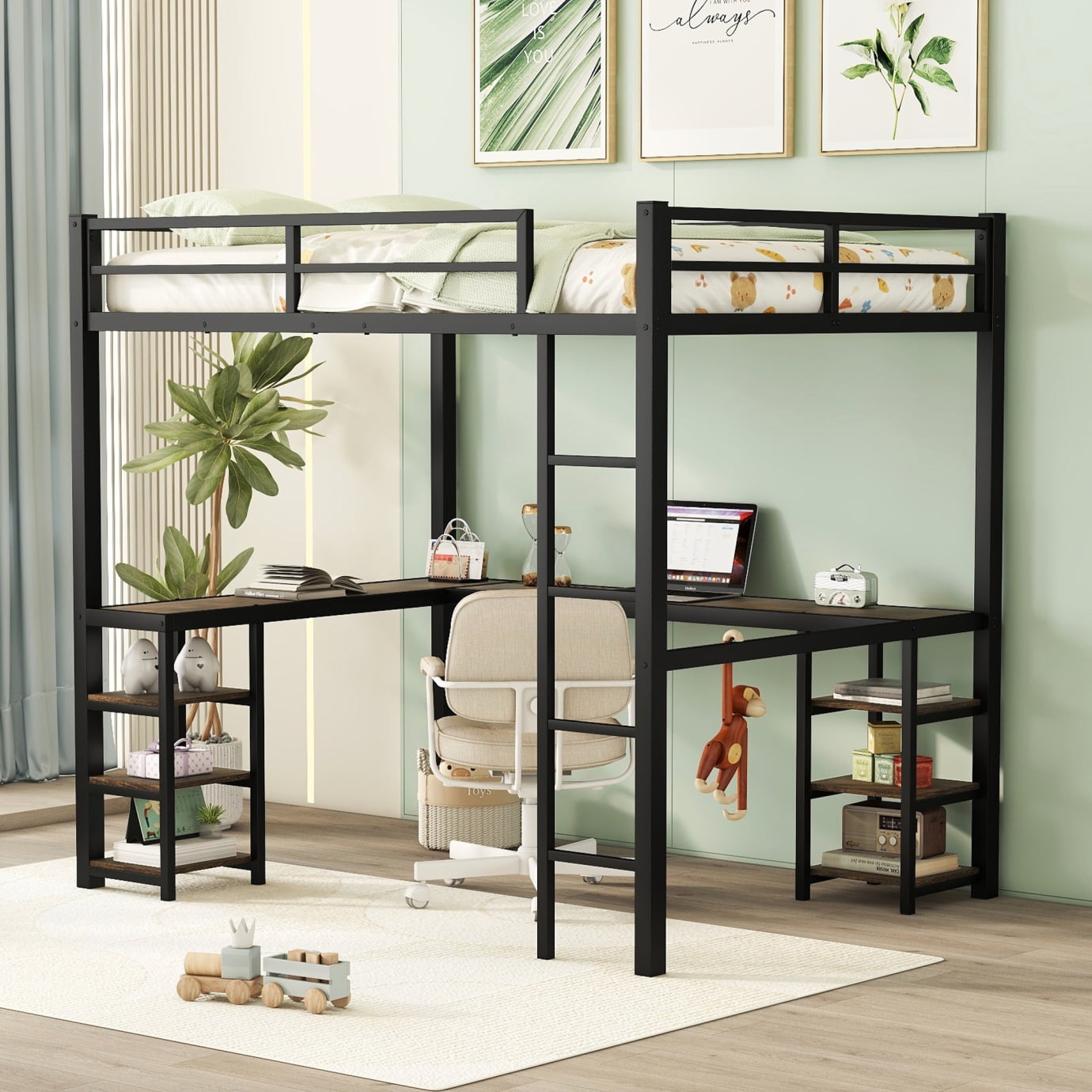Full Size Loft Bed with Desk and 6 Storage Shelves for Kids Teens Adult, Metal Bed Frame with L-Shaped Desk and Ladder, Noise Free & Space-Saving Design, No Box Spring Needed, Black