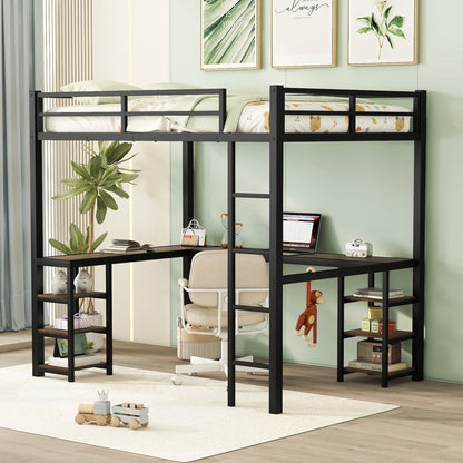 Full Size Loft Bed with Desk and 6 Storage Shelves for Kids Teens Adult, Metal Bed Frame with L-Shaped Desk and Ladder, Noise Free & Space-Saving Design, No Box Spring Needed, Black