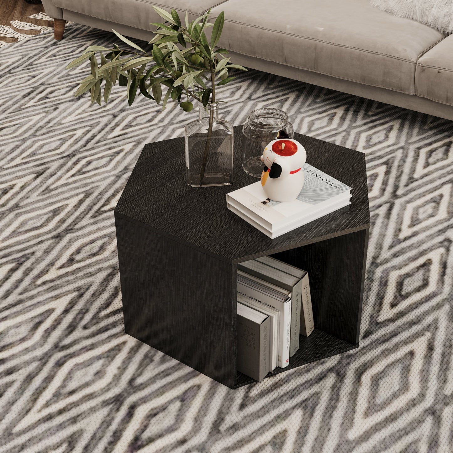 Hexagonal Coffee Table Side Table Nightstand Burmese Sumac,Living Room Table Modern Funiture Table，Black Brown