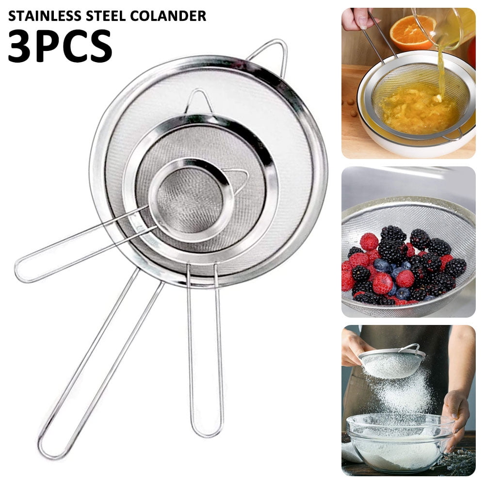 Hvxrjkn Set Of 3 Stainless Steel Fine Mesh Strainers, Strainer, Wire Sieve Sifter With Insulated Handle For Kitchen Gadgets Tools Tea Coffee Powder Fry Juice Rice Vegetable Fruit Etc