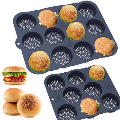 Jetcloudlive Hamburger Bun Mold,Non Stick Silicone Hamburger Bun Pan,8/12 Cavity Perforated Silicone Burger Bun Pan for Gluten Free Hamburger Buns,Mesh Hamburger Bread Mold
