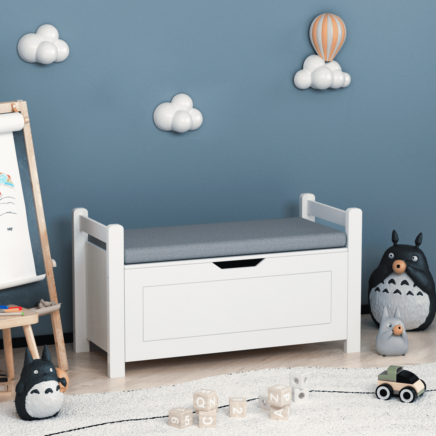 Kids Wooden Toy Chest for Girls Boys, 2 In 1 Large Toy Storage Truck Bench with Flip-Top Lid, 2 Safety Hinges & Padded Seat Cushion, Toddler Big Toy Box for Playroom & Bedroom, White