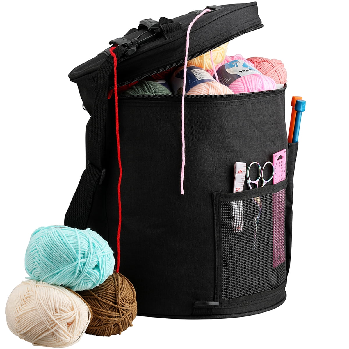 Large Capacity Yarn Storage Bag with Multi-Pockets Barrel-Shaped Knitting Storage Bag Portable Yarn Knitting Organizer Bag with Hnadle Strap Home Travel Use for Hooks Needles Yarn Skeins