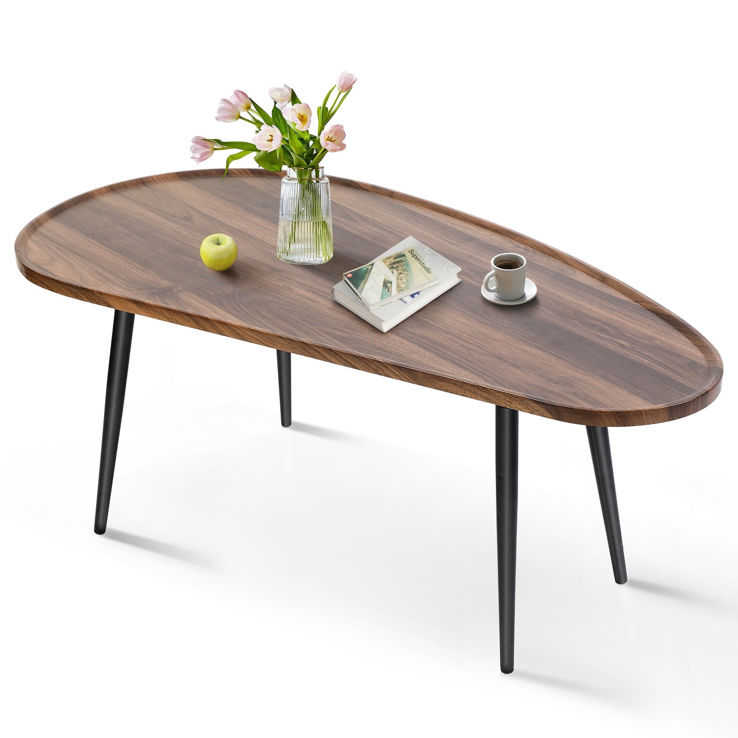 Small Mango Coffee Table, Oval Side End Table with Mango-Shaped DeskTop, Modern Minimalist Center Table Sofa Table, Low Floor Table for Small Spaces, Walnut
