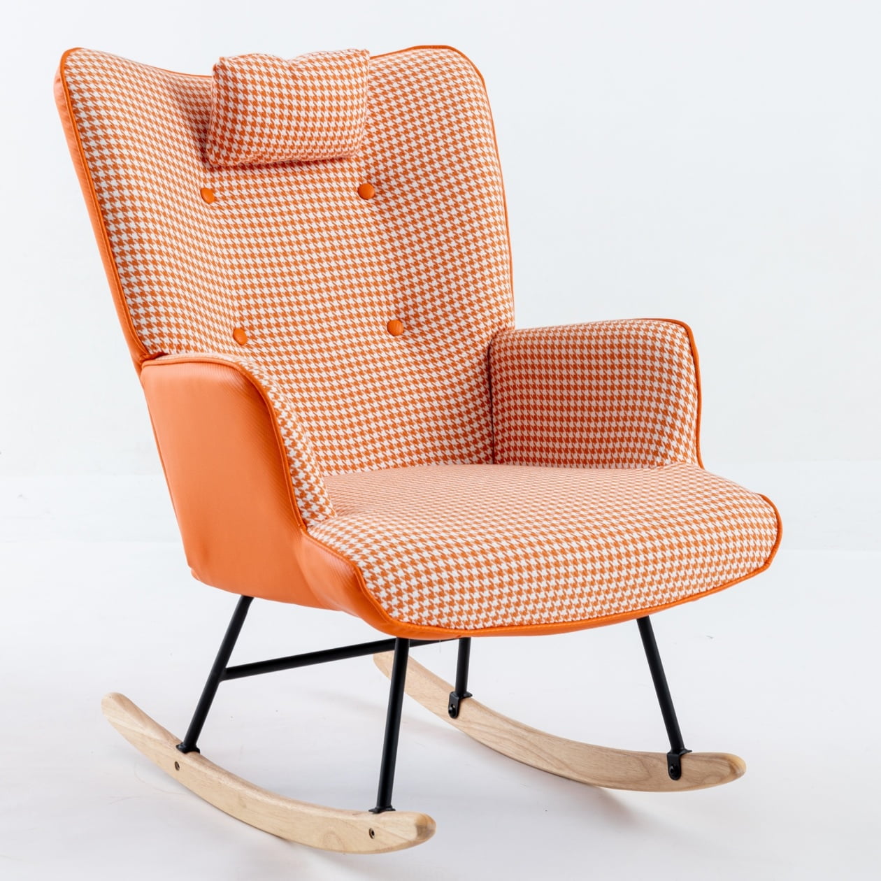 Modern Houndstooth Nursery Rocking Chair with Metal Frame, High Back Leisure Armchair with Wooden Curved Legs, Comfy Wingback Glider Rocker Chair for Living Room, Bedroom, Balcony, Orange