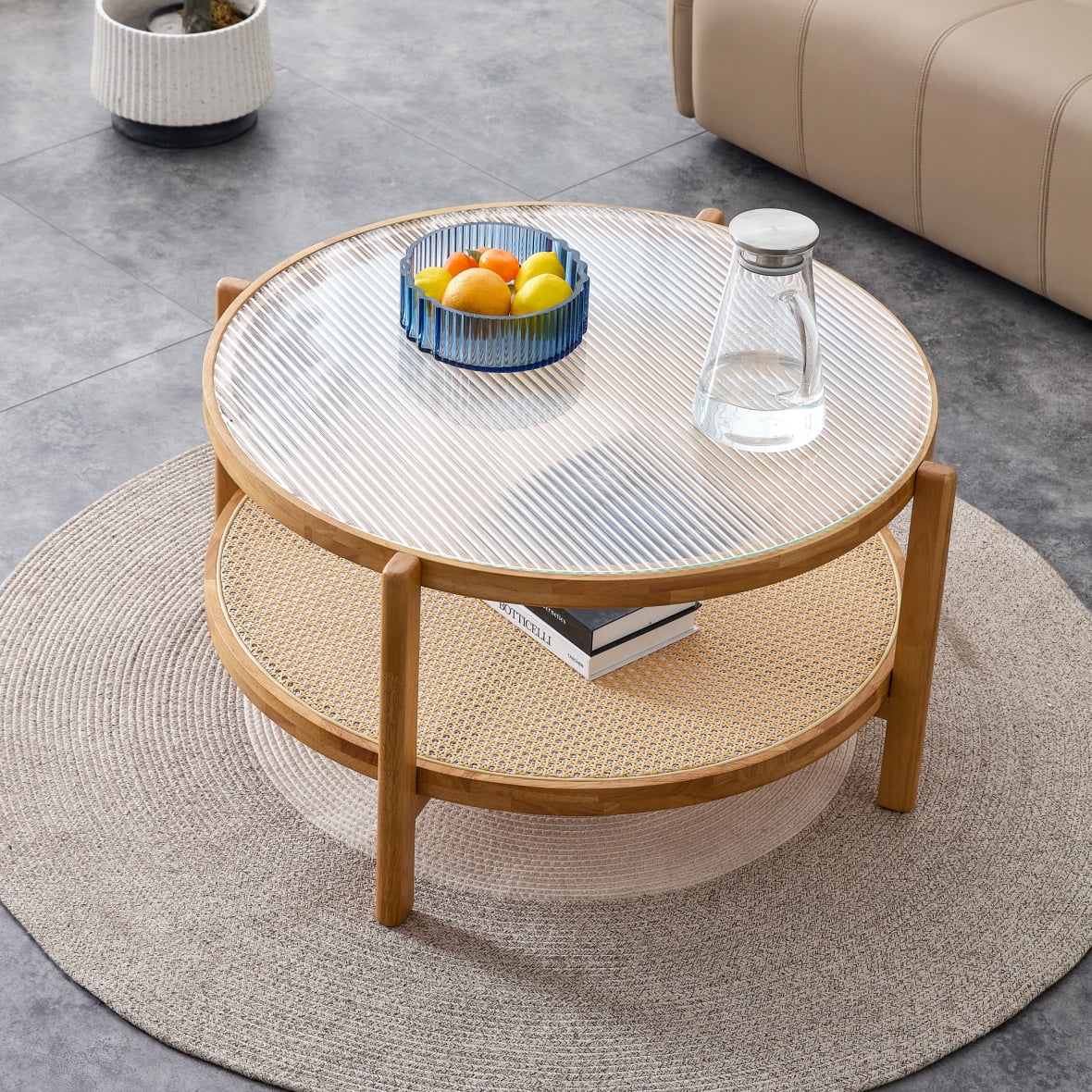 Modern Rattan Coffee Table, Double-Layer Round Coffee Table with Solid Wood Legs, Glass Top Coffee Table for Living Room Lounge Bedroom, Natural Wood