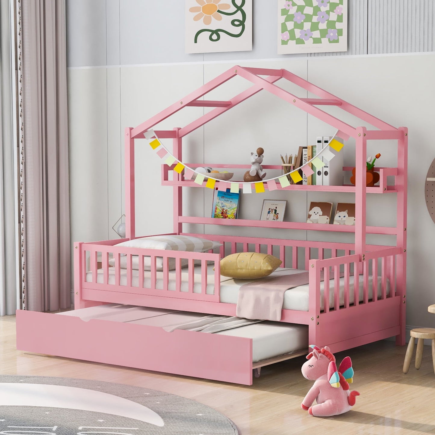 Modern Twin House Bed with Roof and Trundle, Wooden Kids Bed Frame with Storage Shelf, Cute Playhouse Bed with Fence Guardrails for Kids, Teens, Boys, Girls, Pink
