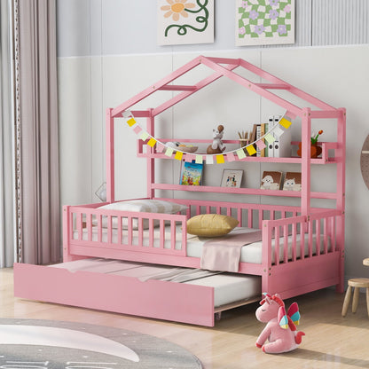 Modern Twin House Bed with Roof and Trundle, Wooden Kids Bed Frame with Storage Shelf, Cute Playhouse Bed with Fence Guardrails for Kids, Teens, Boys, Girls, Pink