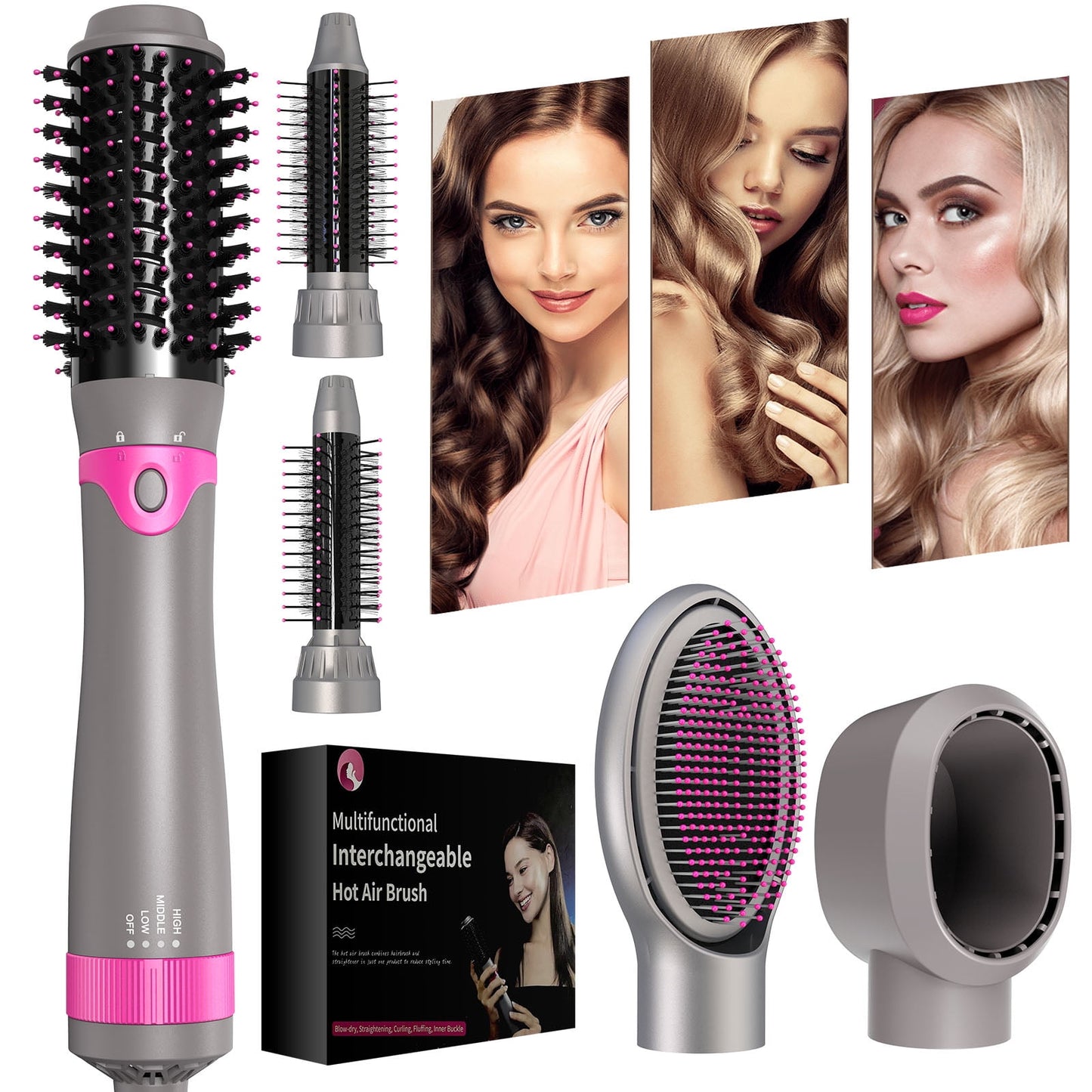 OCTMOM Hair Dryer Brush, 5 in 1 Negative Ionic Hot Air Brush for Curling Straightening Drying, Blow Dryer for Hair Styling, Gray
