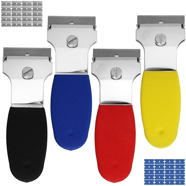 OKYMOTOR 4Pcs Razor Blade Scraper Set 4inch Multi-Purpose Scraper Cleaning Tool with 20 Metal and 20 Plastic Blades Mini Portable Cleaning Remover Tool for Glass Stovetop Sticker Tile