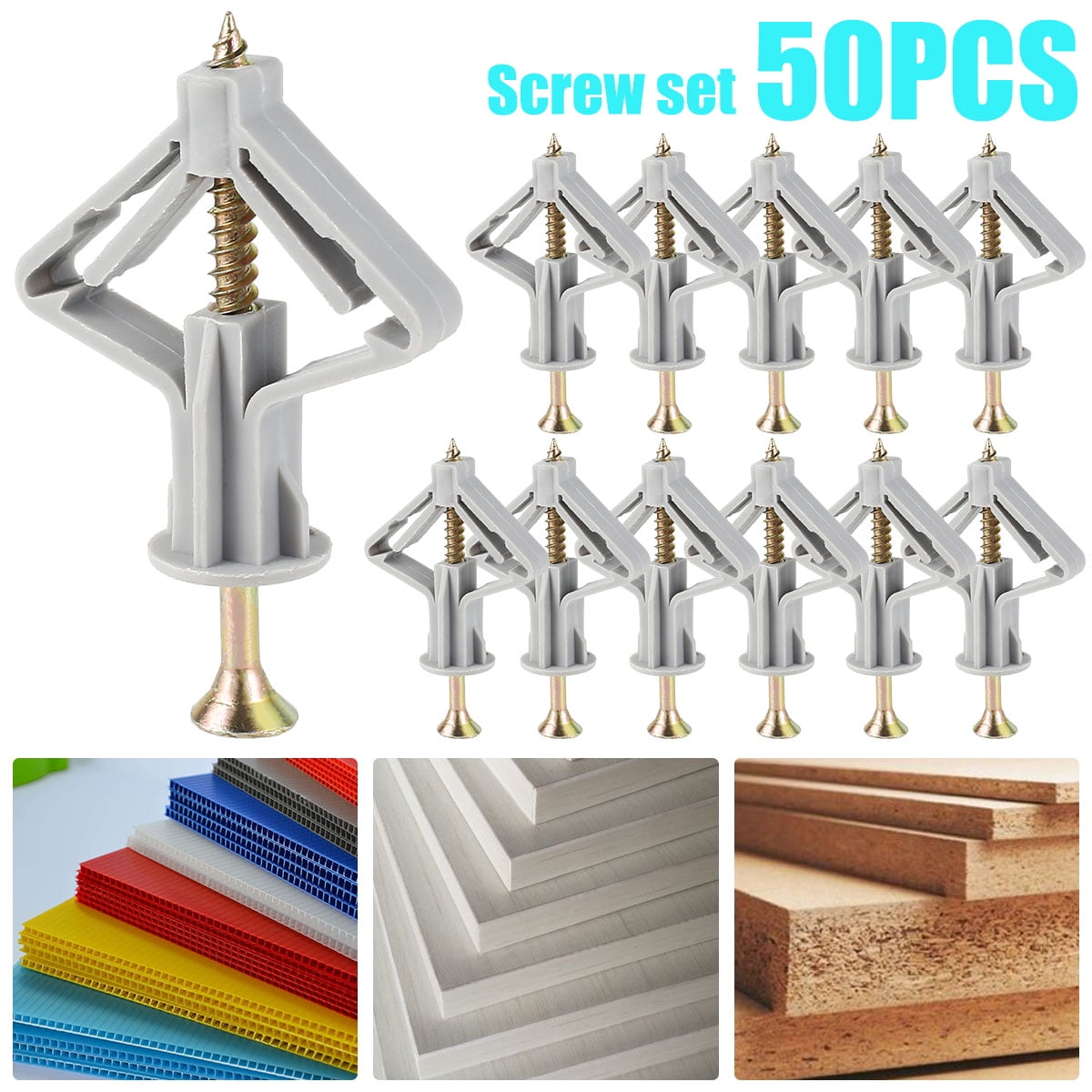OKYMOTOR 50pcs Plasterboard Fixings Anti Rotate Drywall Anchor Kit Butterfly Type Wall Fixing Anchor with Screws for Gypsum Board Fiberboard Hollow Board