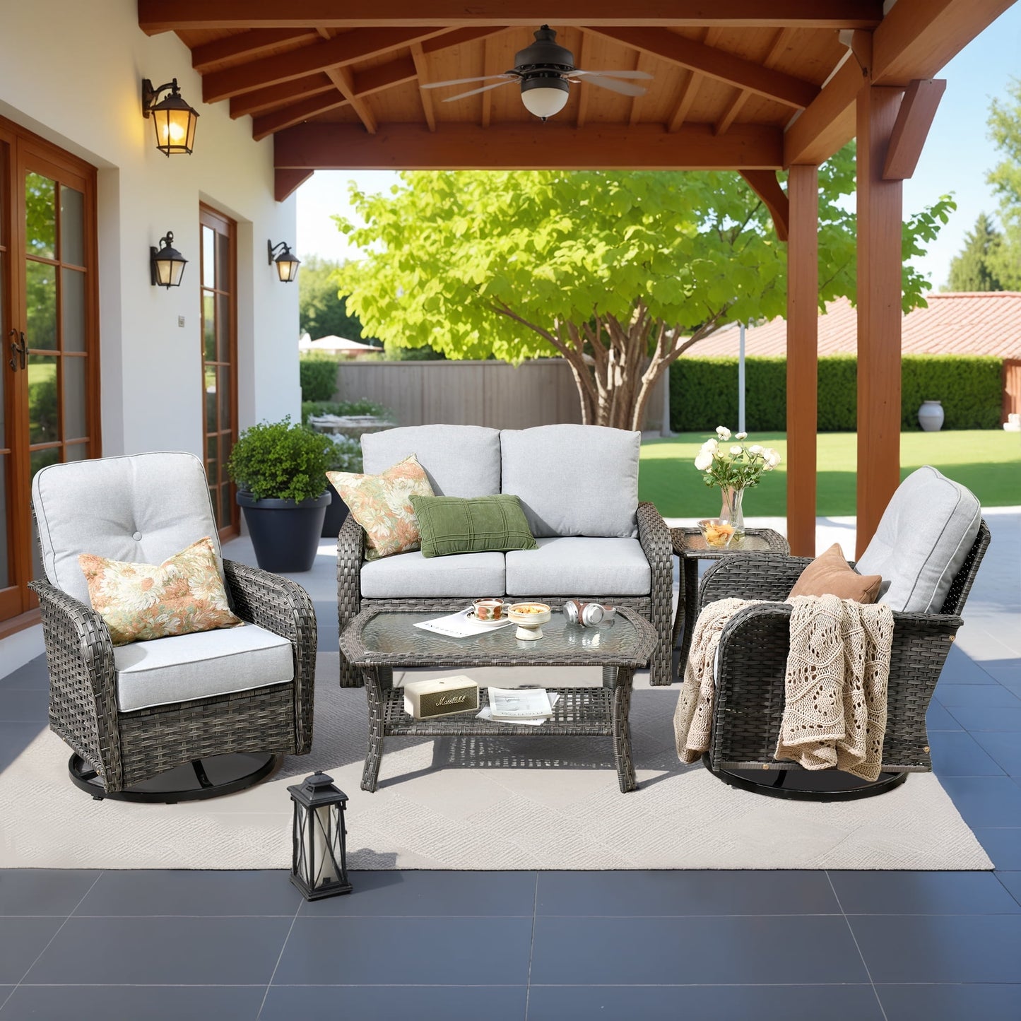 Ovios 5 Pieces Outdoor Patio Furniture Set High Back All-Weather Wicker Conversation Sectional Sofa with Swivel Rocking Chair for Backyard