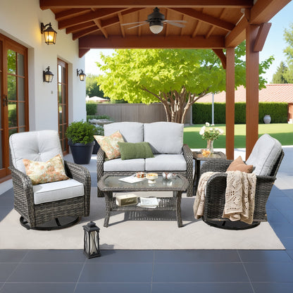Ovios 5 Pieces Outdoor Patio Furniture Set High Back All-Weather Wicker Conversation Sectional Sofa with Swivel Rocking Chair for Backyard