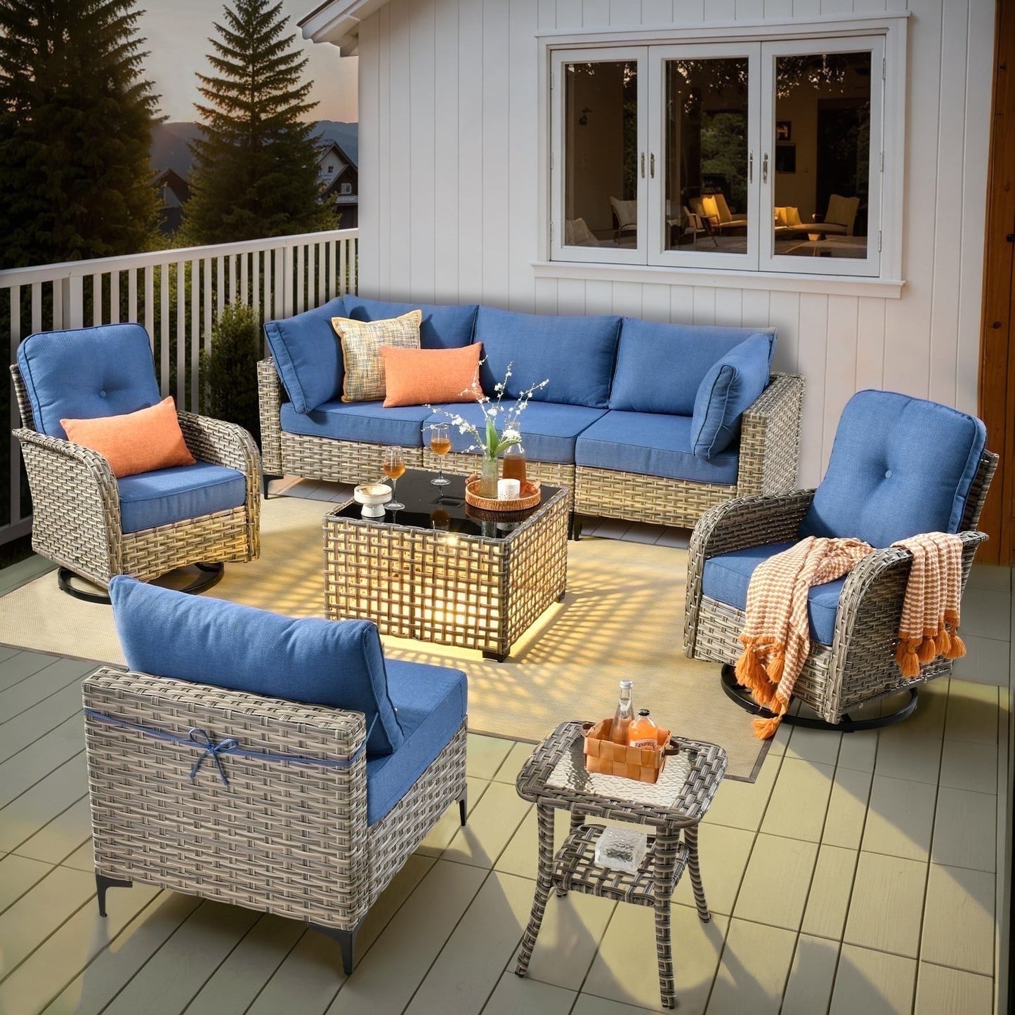 Ovios 8 Pieces Patio Outdoor Furniture Set with Swivel Chairs All-Weather Rattan Wicker Conversation Outside Sectional Sofa Chair with Solar Light Table