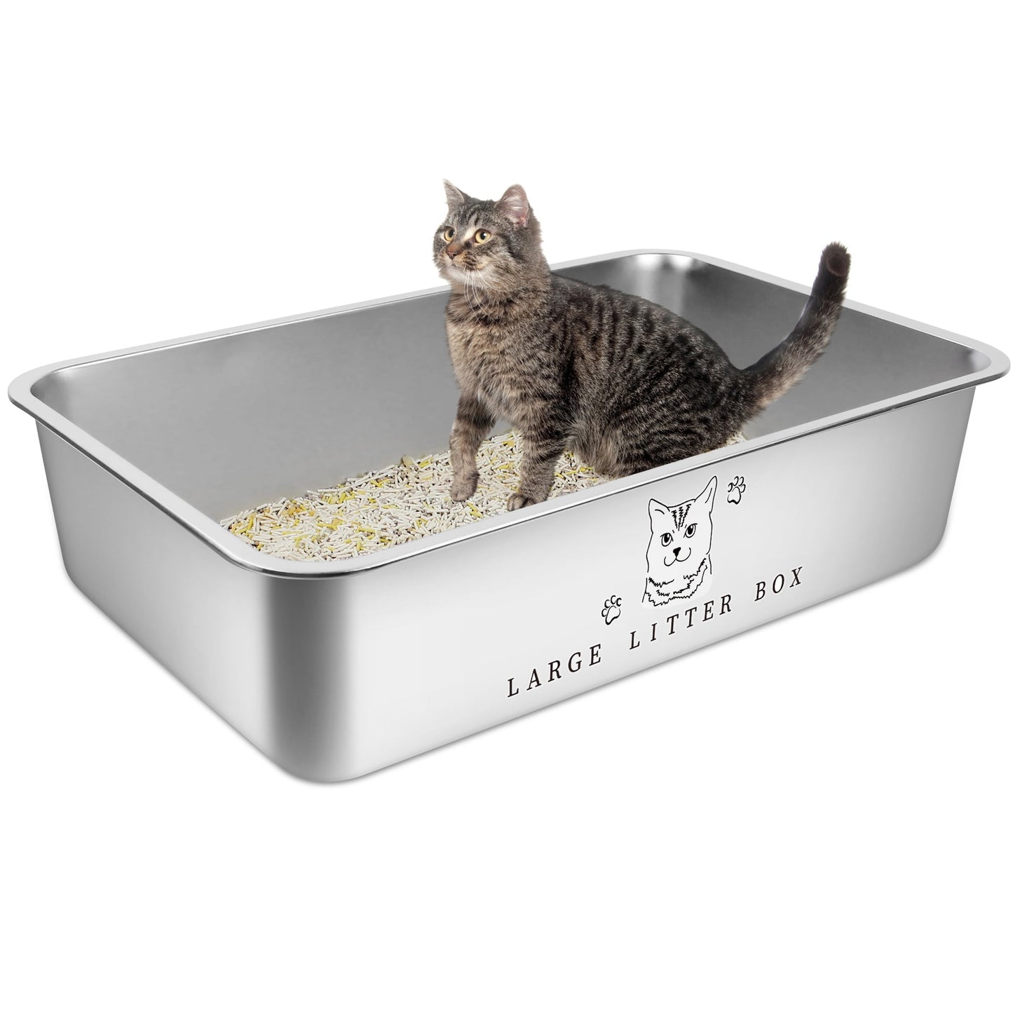 Ptlom Stainless Steel Litter Box with Stickers DIY Large Cat Litter Box Open Top Metal Litter Box