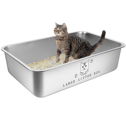 Ptlom Stainless Steel Litter Box with Stickers DIY Large Cat Litter Box Open Top Metal Litter Box