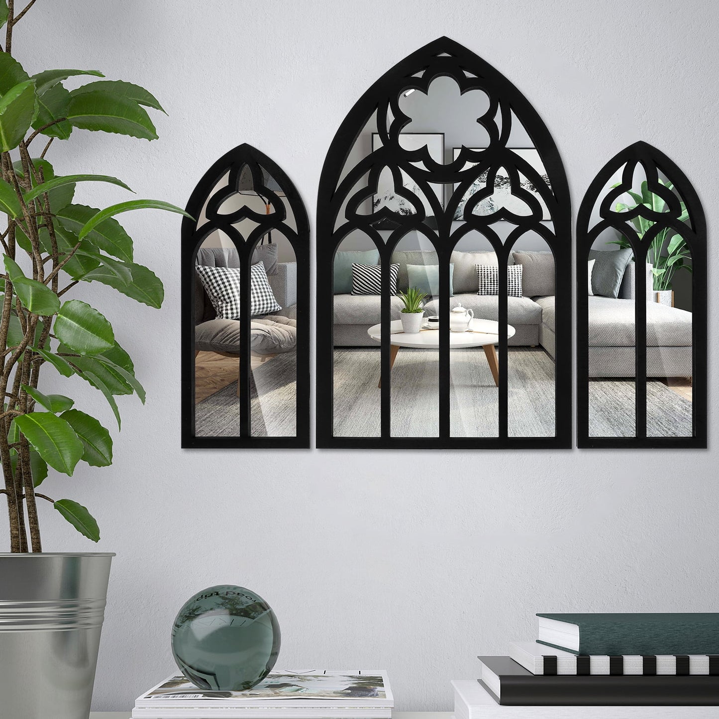 Qenwkxz 3PCS Wall Arch Mirrors Set Gothic Wall Mirror Decor Cathedral Arched Mirror Decor Decorative Arched Wall Mirror for Living Room Bedroom Entryway Bathroom Vanity