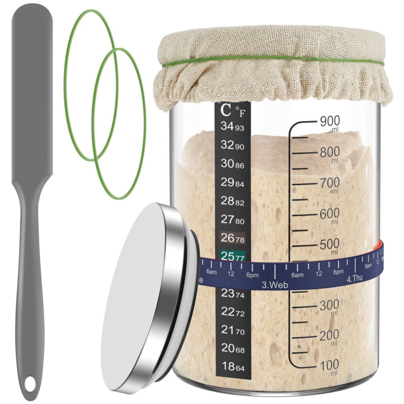Qenwkxz 5pcs Sourdough Starter Jar Kit with Scale 900ml Large Capacity Sourdough Starter Container with Stainless Steel Lid Spatula Feeding Band Reusable Glass Sourdough Fermentation Jar for Baking