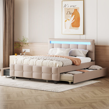 Queen Size Platform Bed, Modern Upholstered Bed Frame with LED Frame, Twin Size Trundle and 2 Drawers, Multifunction Linen Fabric Storage Bed, No Box Spring Needed, Beige