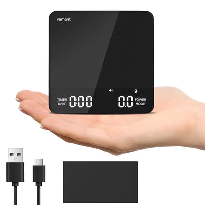 VAMOUT Coffee Scale with Timer, Rechargeable Mini Espresso Scale, 2kg/0.1g Accurate Food Scale for Pour-Over and Espresso Coffee, LCD Display, Portable Digital Kitchen Scale with Automatic Timing