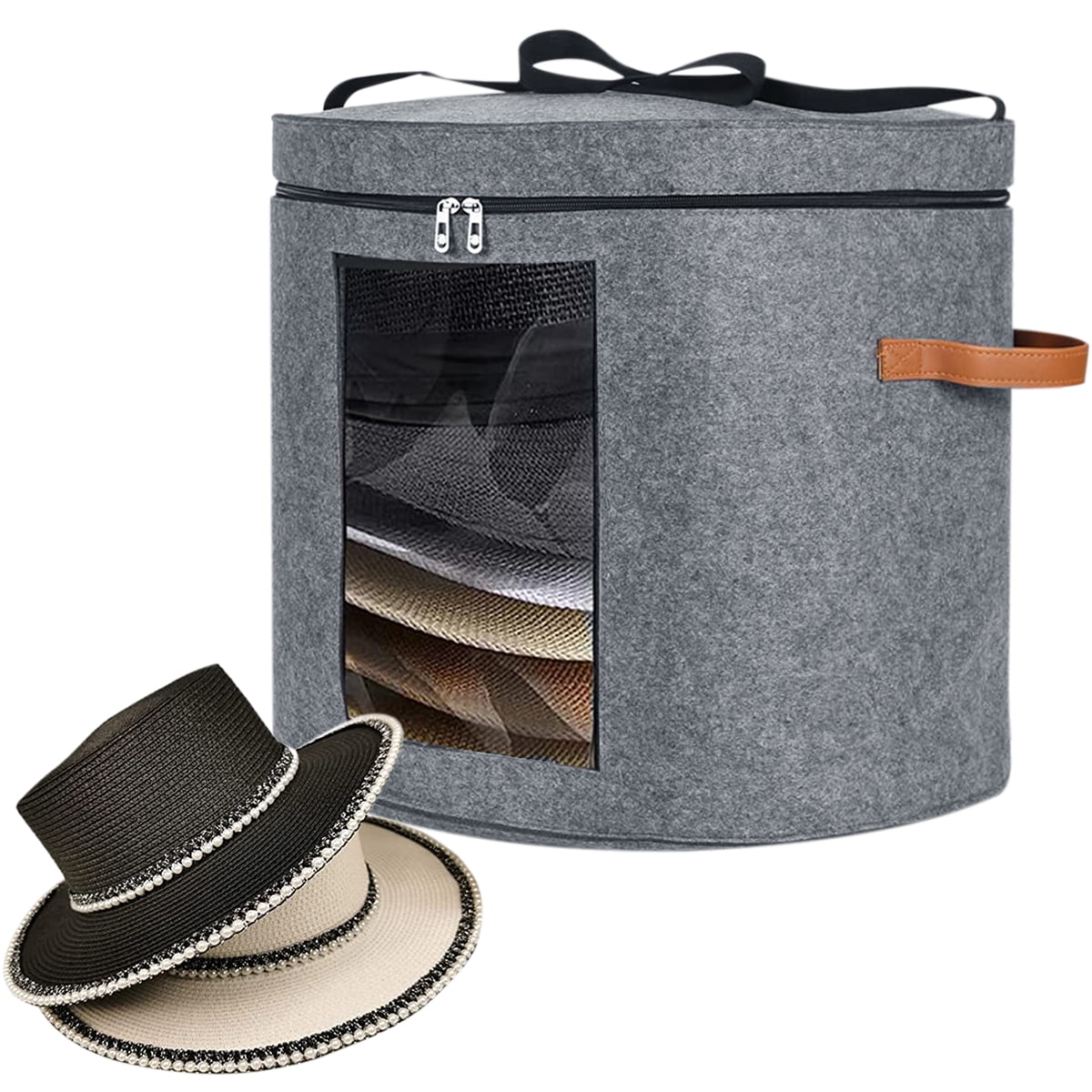 FUYGRCJ Round Hat Storage Box with Zippered Lid Clear Window Adjustable Shoulder Strap 18.9×18.9×17in Felt Round Pop Up Hat Box Dustproof