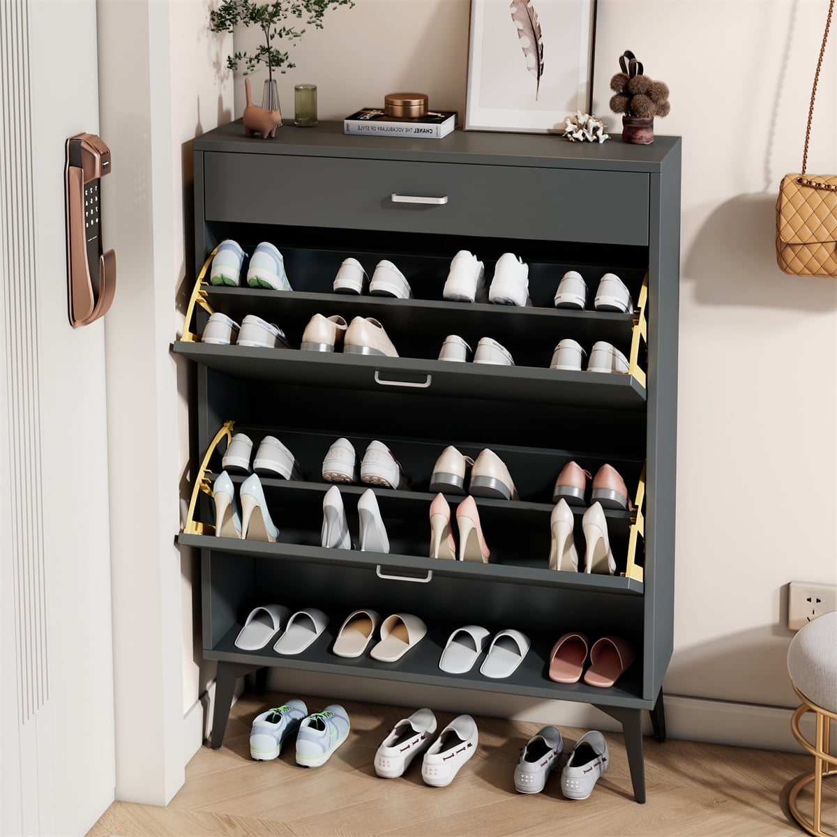 Shoe Cabinet with 2 Flip Drawers and Open Shelf,Free Standing Shoe Racks Storage Cabinet with Metal Legs,Shoe Organizer Entrance Shoe Storage Cabinet Narrow Closet for Entryway Hallway,Antique Gray