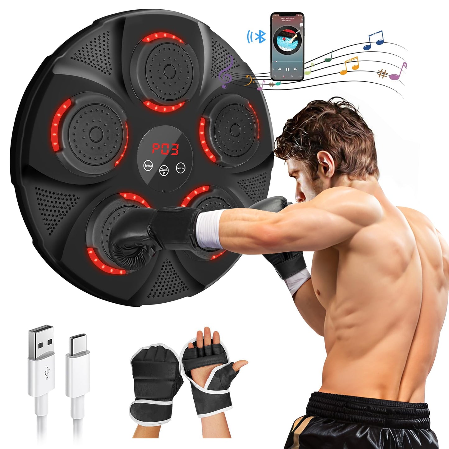Music Boxing Machine with Boxing Gloves, Smart Bluetooth Boxing Equipment, Wall Mounted Target Training Punching Boxing Machine for Adults, Kids, Home, Indoor, Workout and Gym