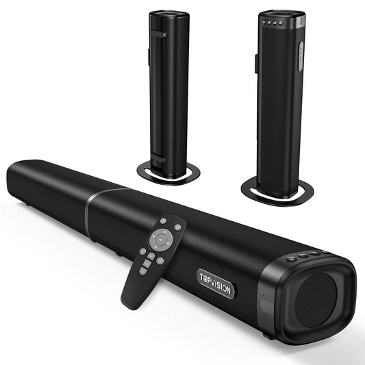 TOPVISION 2.2ch Soundbar with Subwoofer, 100W Home Theater System, 4 Drivers & 3 EQ Mode, 2 in 1 Detachable Design Sound Bar for TV, Wired/Wireless Connectivity HDMI-ARC/Optical/USB/AUX, SD03