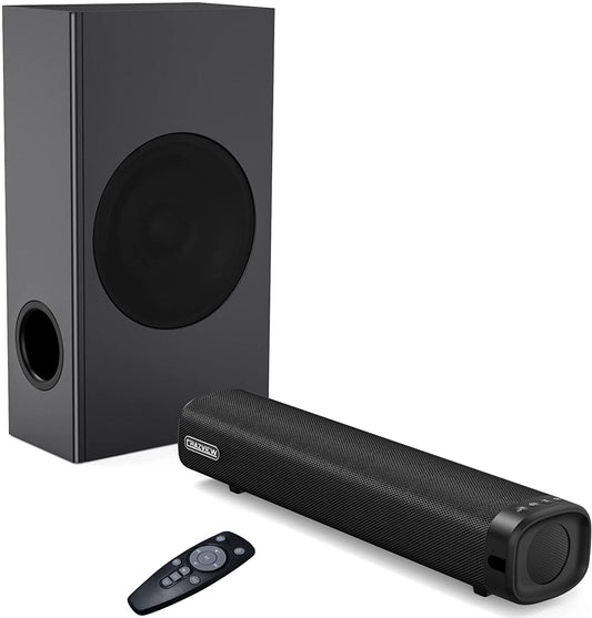 TOPVISION Dolby Sound Bar for TV, 3D Surround Sound 2.1ch for TV, Upgrade 120W Sound Bar with Subwoofer Computer and Laptop, Wired & Wireless Bluetooth 5.0, Opt/Aux/Bluetooth Connection