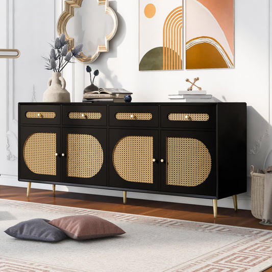 TV Stand with Rattan Door, Console Sideboard Cabinet with 4 Doors and 4 Drawers,Media Accent Kitchen Storage Cabinet,Country Style Design Side Board with Gold Metal Base for Living Room