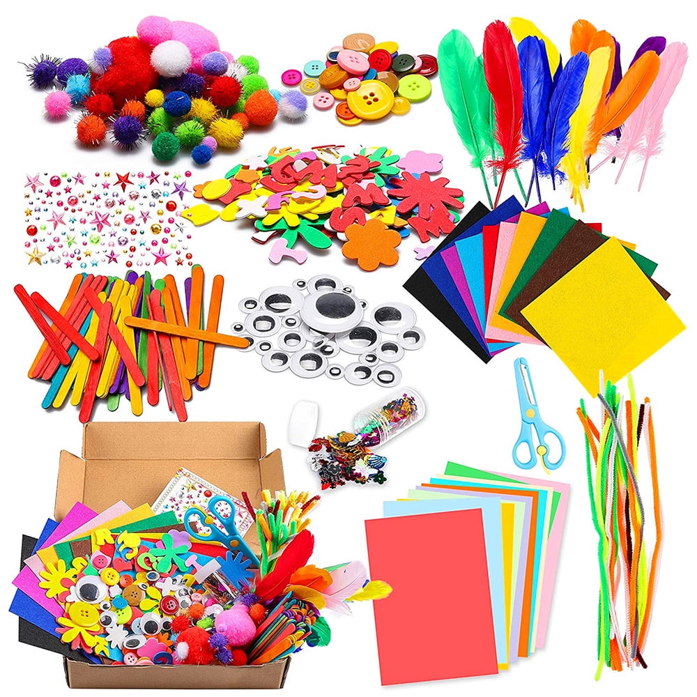 Tcwhniev 1000Pcs DIY Art Craft Kit for Kids Creative Crystal Sticker Felt Wiggle Googly Colorful Wooden Sticks Party Supplies