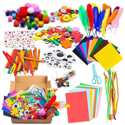 Tcwhniev 1000Pcs DIY Art Craft Kit for Kids Creative Crystal Sticker Felt Wiggle Googly Colorful Wooden Sticks Party Supplies