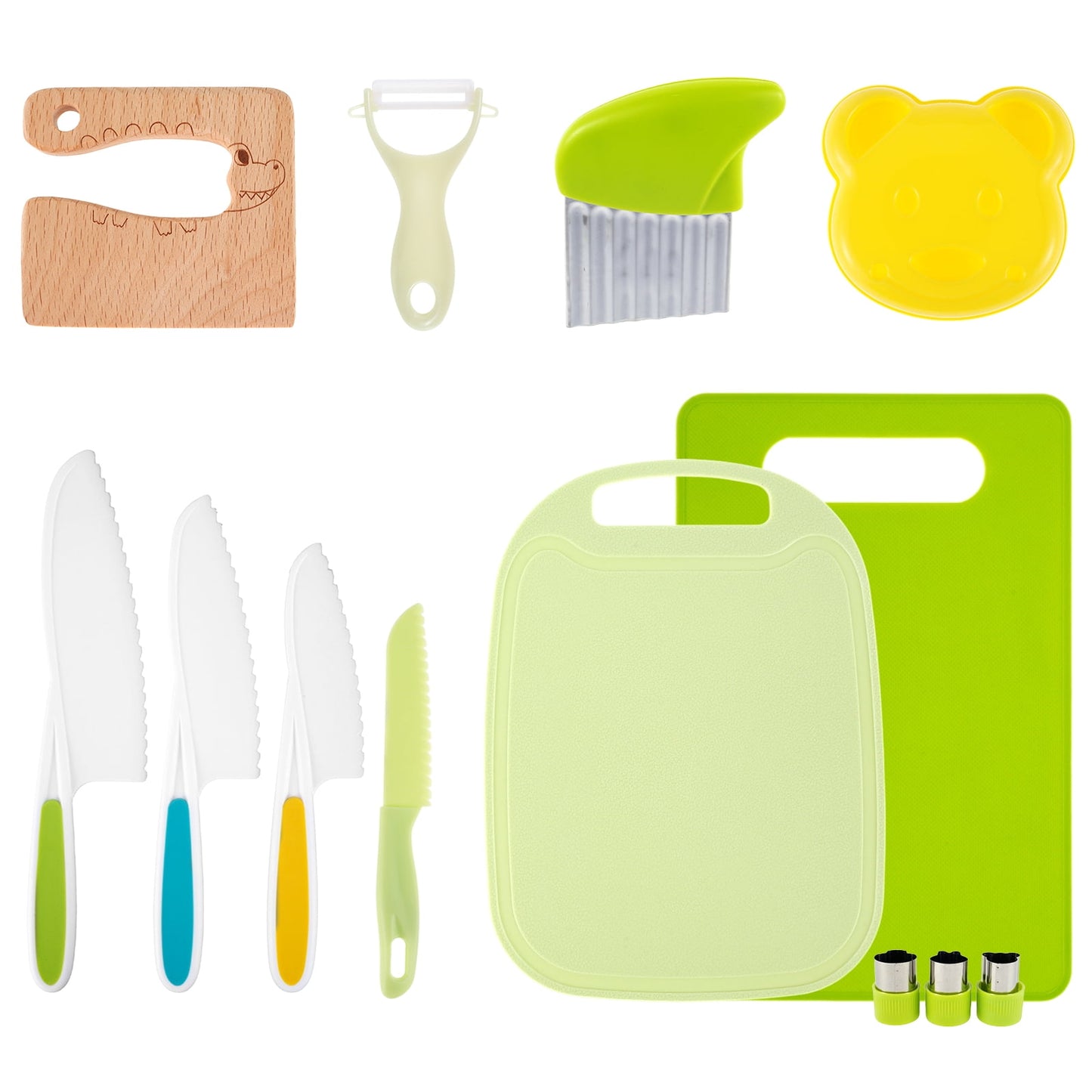 Tcwhniev 13PCS Colorful Knife Kit,Kitchen Safety Knife Set for Kids,Kids Kitchen Cutter Set Wooden Toddler Safety Cutters Reusable Plastic Cutters Set,Kids Kitchen Knife,Plastic Safe Knives Set