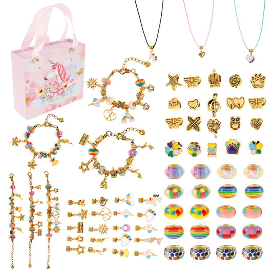 Tcwhniev Charm Bracelet Making Kit, Jewellery Making Kit for Girls Gorgeous Rainbow Beads/Mermaid Crafts Gifts Set,Jewelry Making DIY Necklaces Bracelets Headbands Craft Set with Gift Box(67PCS)