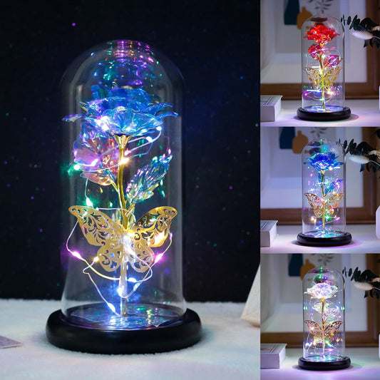 Tcwhniev Rose Light Artificial Galaxy Rose Lamp with Butterfly and Colorful LED Rose Flowers In Glass Battery Powered Gifts for Women Girls for Wedding Mother's Day Valentine's Day
