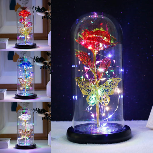 Tcwhniev Rose Light Artificial Galaxy Rose Lamp with Butterfly and Colorful LED Rose Flowers In Glass Gifts for Women Girls for Wedding Mother's Day Valentine's Day