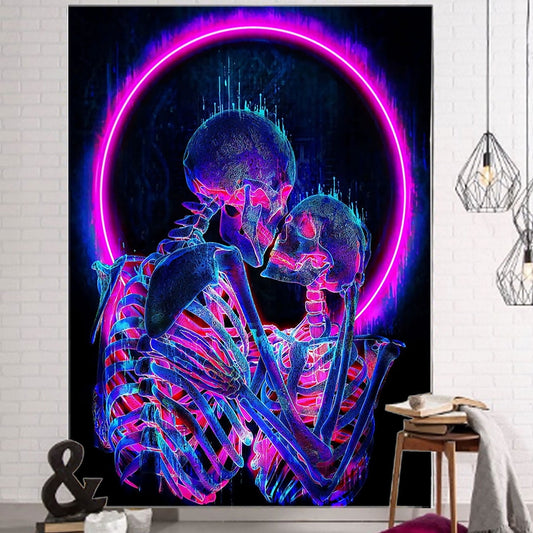 Tcwhniev Skull Tapestry Wall,The Kissing Lovers Tapestry UV Reactive Trippy Psychedelic Neon Tapestries Glow in the Dark Party Backdrop, Wall Art for Bedroom Living Room