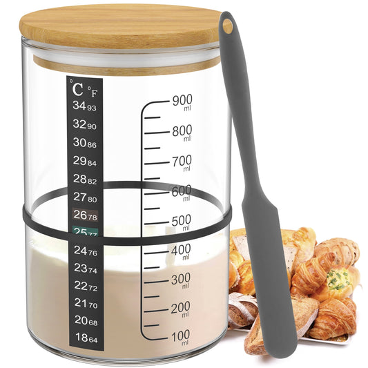 Tcwhniev Sourdough Starter Jar 900ml Sourdough Starter Container Clear Sourdough Fermentation Jar with Temperature Paper Spatula Rubber String for Baking Bread