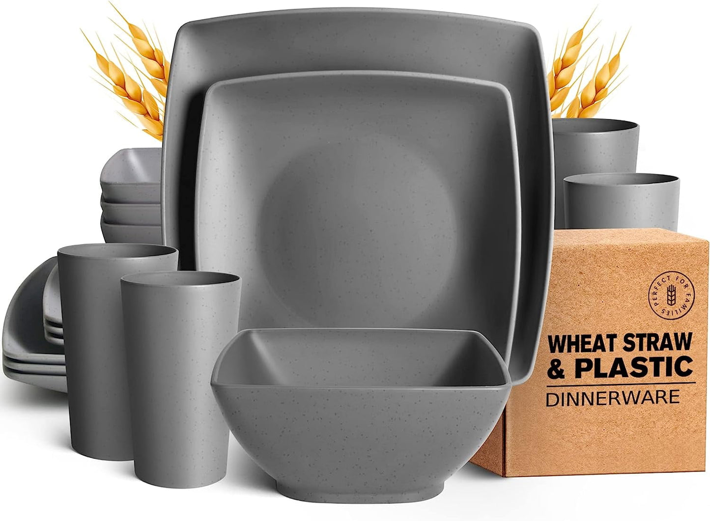 Teivio 16-piece Plastic Wheat Straw Square Dinnerware Set for 4, Unbreakable Dinner Plates, Salad Plates, Snack Bowls, Tumblers 20 oz, Dishwasher Safe, Grey