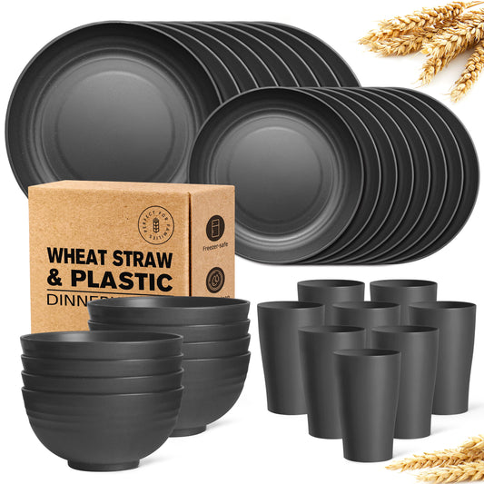Teivio 32-Piece Kitchen Plastic Wheat Straw Dinnerware Set, Service for 8, Unbreakable Plastic Modern Dish Set - Dinner Plate/Dessert Plate/Cereal Bowl/Cup, for Apartment Basics, Outdoor Camping,Black