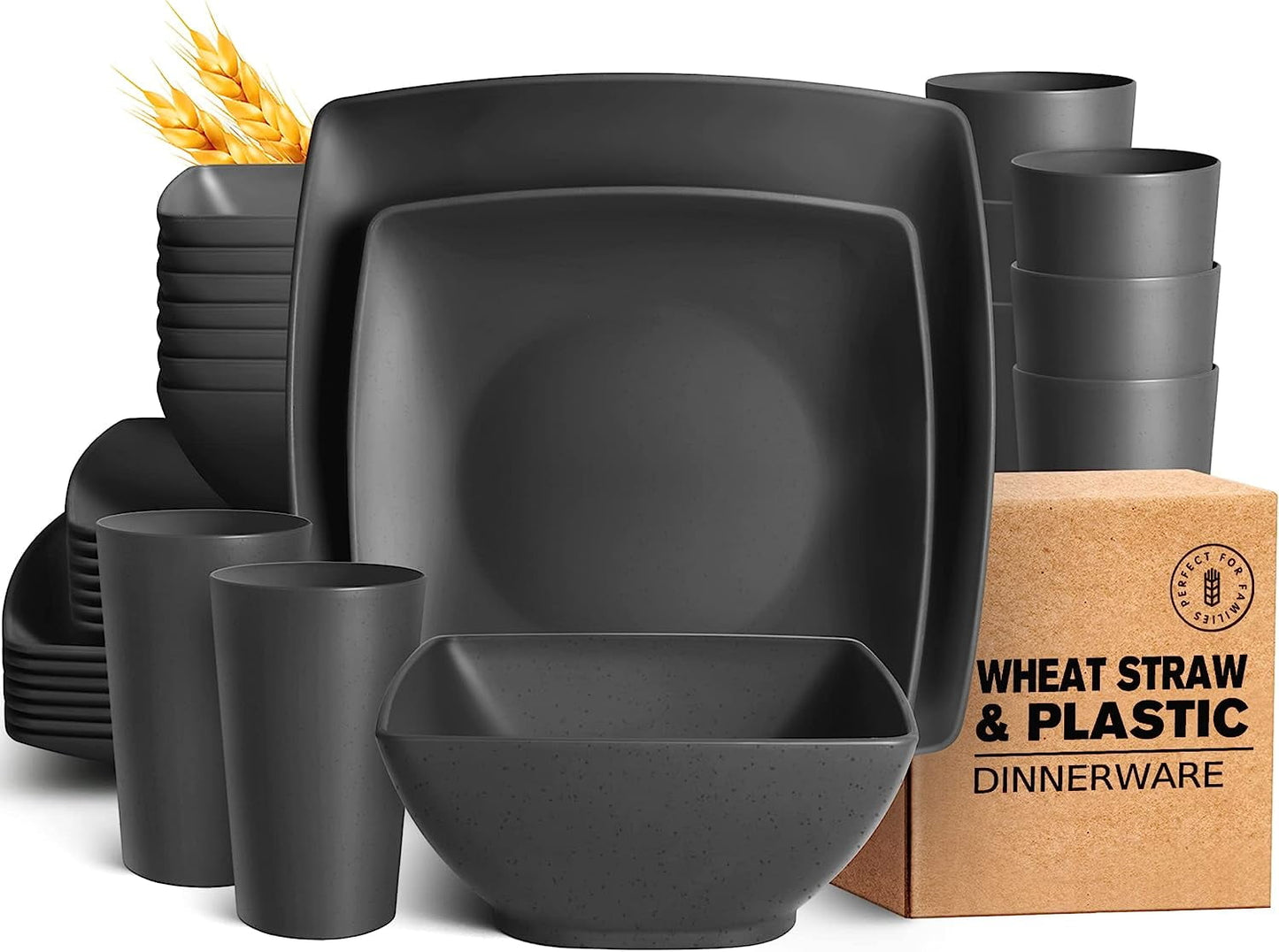 Teivio 32-piece Plastic Wheat Straw Square Dinnerware Set for 8, Unbreakable Dinner Plates, Salad Plates, Snack Bowls, Tumblers 20 oz, Dishwasher Safe, Black