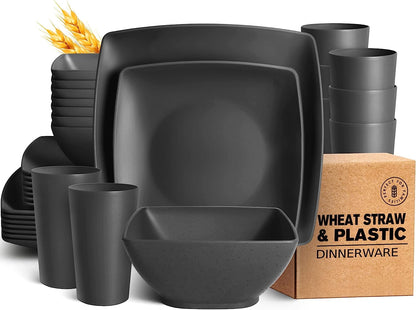 Teivio 32-piece Plastic Wheat Straw Square Dinnerware Set for 8, Unbreakable Dinner Plates, Salad Plates, Snack Bowls, Tumblers 20 oz, Dishwasher Safe, Black