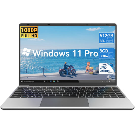 Temlicolo 14.1in Windows 11 Pro Laptop, 8GB DDR4 512GB SSD Computer, Intel Celeron, 1920*1080 IPS Screen