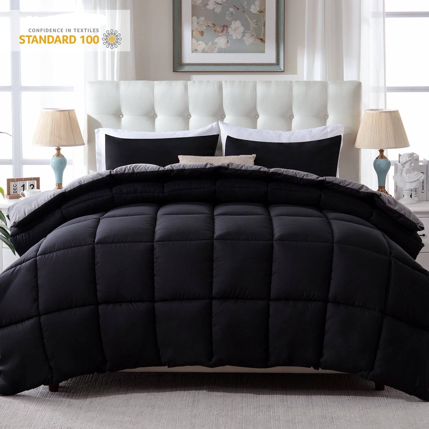 Thinway 2 Pieces Bed In a Bag Comforter Set Duvet Insert, Reversible, Black/Grey, Twin-200GSM, Thicker than the Cheap