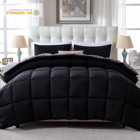 Thinway 2 Pieces Bed In a Bag Comforter Set Duvet Insert, Reversible, Black/Grey, Twin-200GSM, Thicker than the Cheap