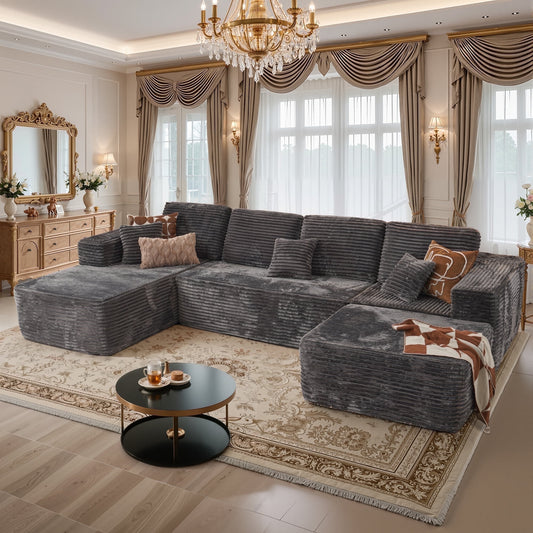Toject 135" Cloud Sectional Couch, Modern Modular Sleeper Couch with Deep Seat Chaise Lounge, No Assembly Required, Plush Corduroy Sofa Couch with Ottoman for Living Room, Gray