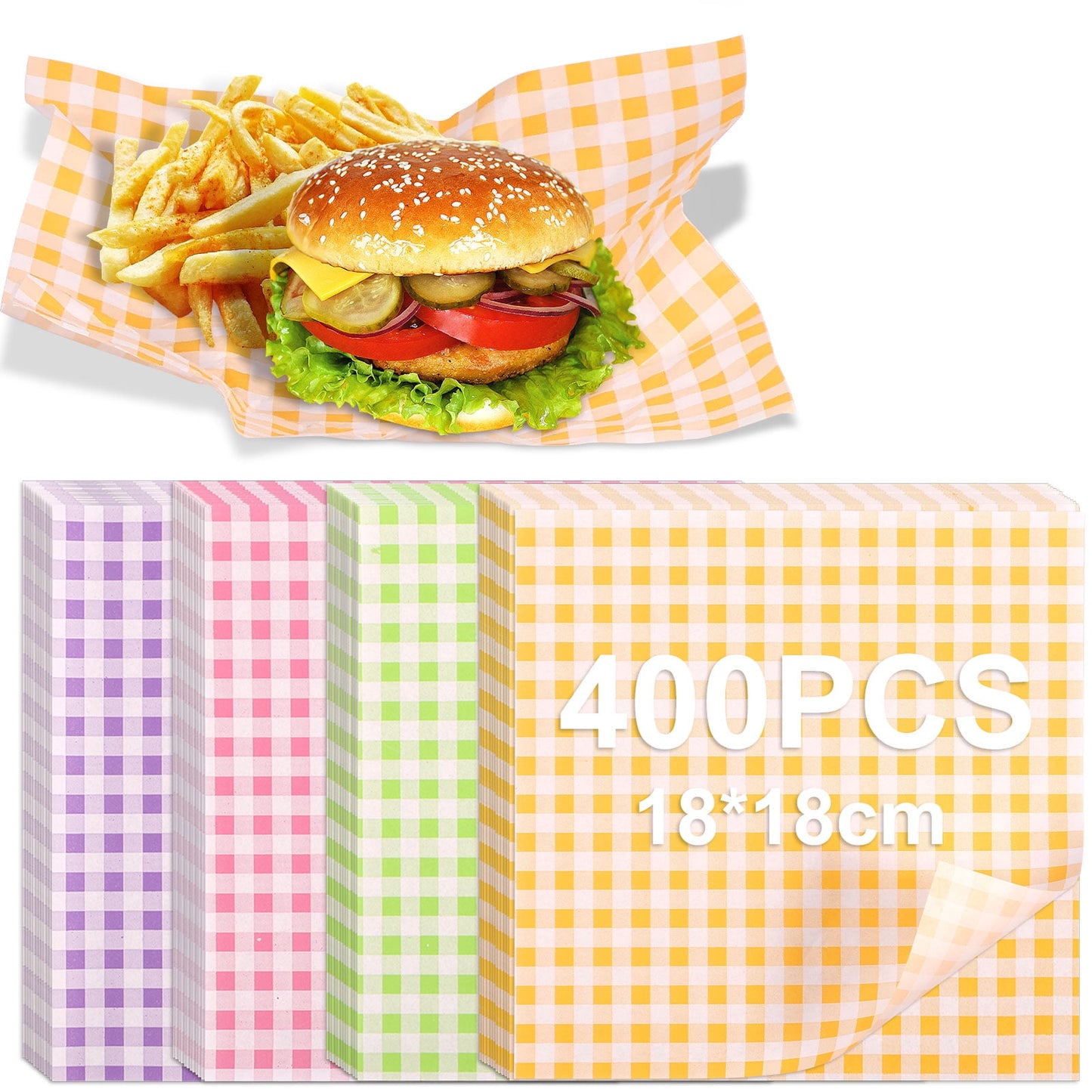 Toorise Pack of 400 Wax Paper Plaid Wax Paper Greaseproof Paper Liners Sandwich Wrapping Paper Dry Waxed Deli Food Paper Sheets Greaseproof Waterproof 4 Colors(18x18cm)